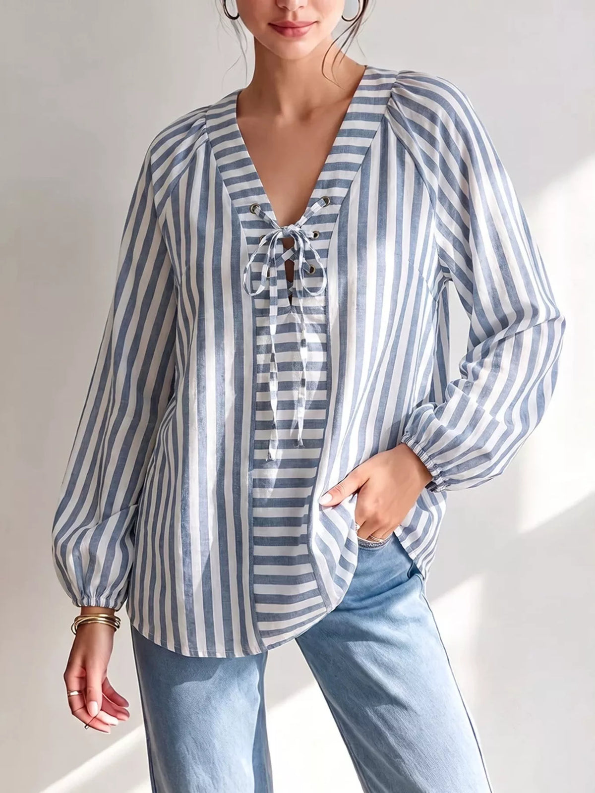 Striped Tie Front Long Sleeve Blouse