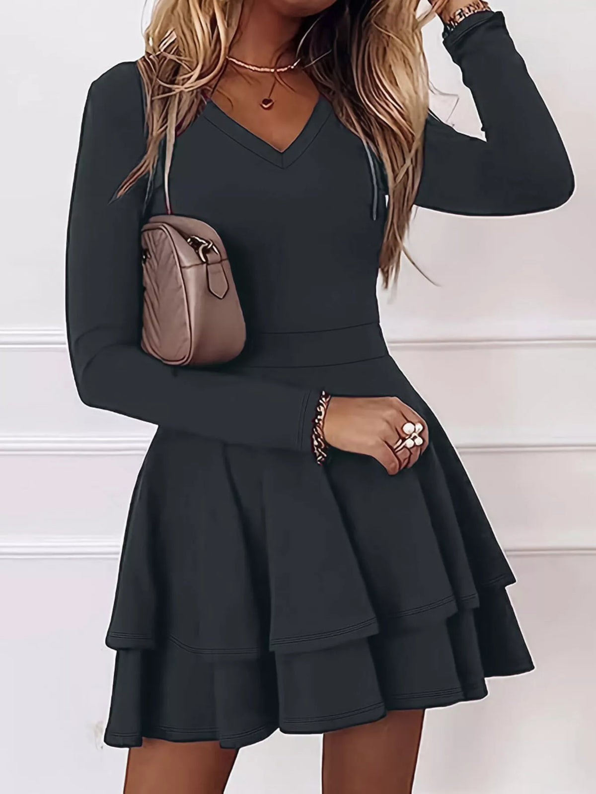 V-Neck Long Sleeve Layered Ruffle Mini Dress