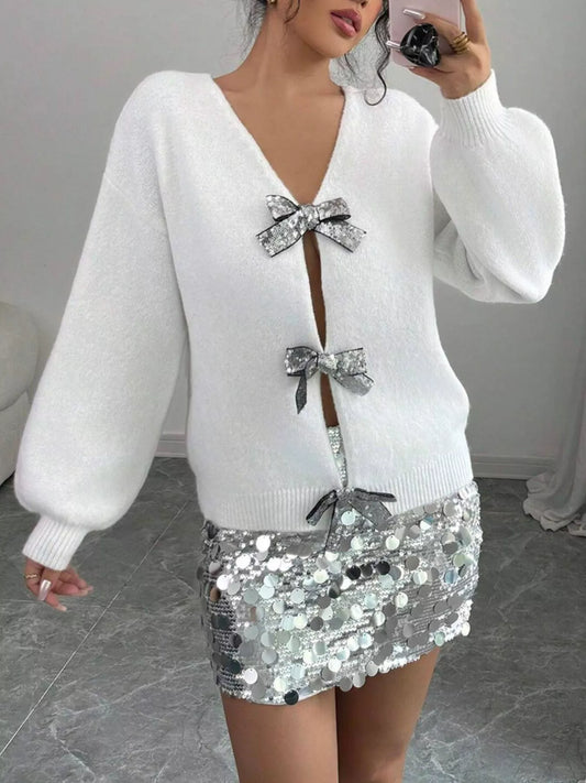Bow-Decor Dropped Shoulder Knit Cardigan