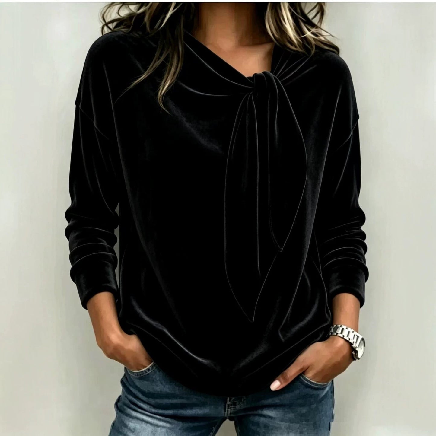 Solid Color Long Sleeve Bow Top – Loose Fit Scarf Collar