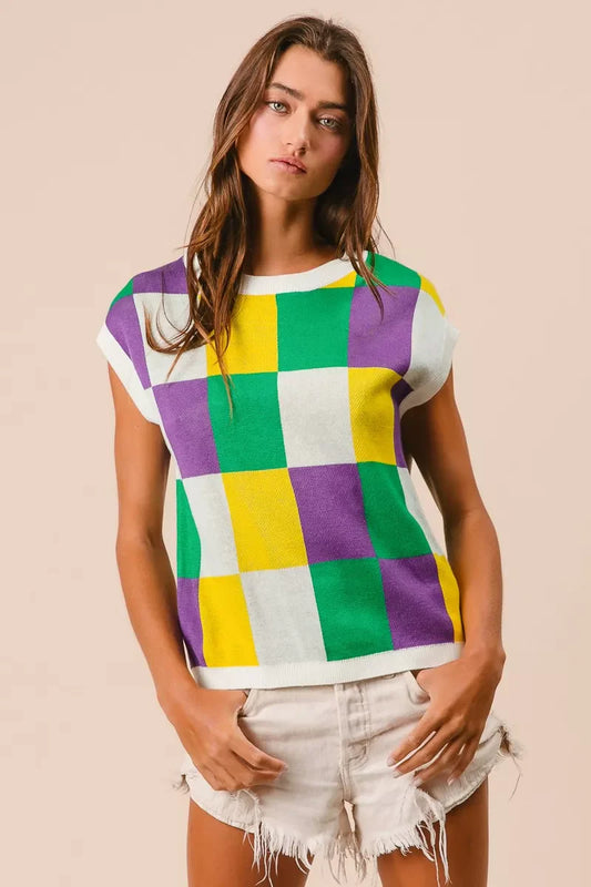 BiBi Mardi Gras Checker Pattern Sleeveless Sweater Top