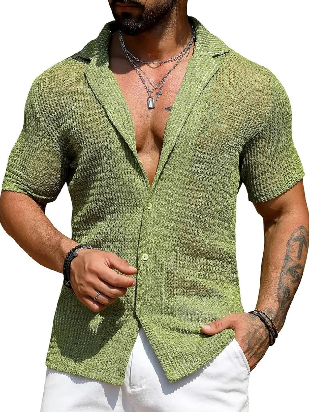 Men's Full Size Openwork Button Down Short Sleeve Shirt Plus Size