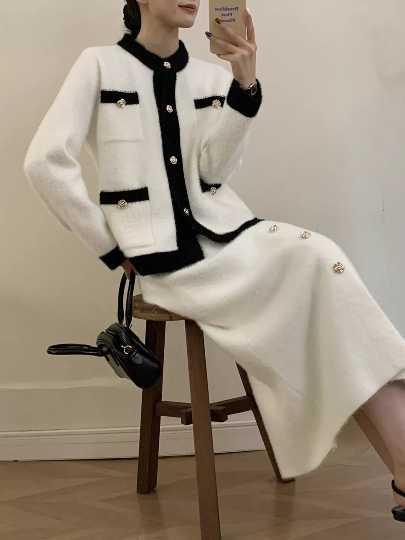 Contrast Trim Jacket and Skirts Sweater Set