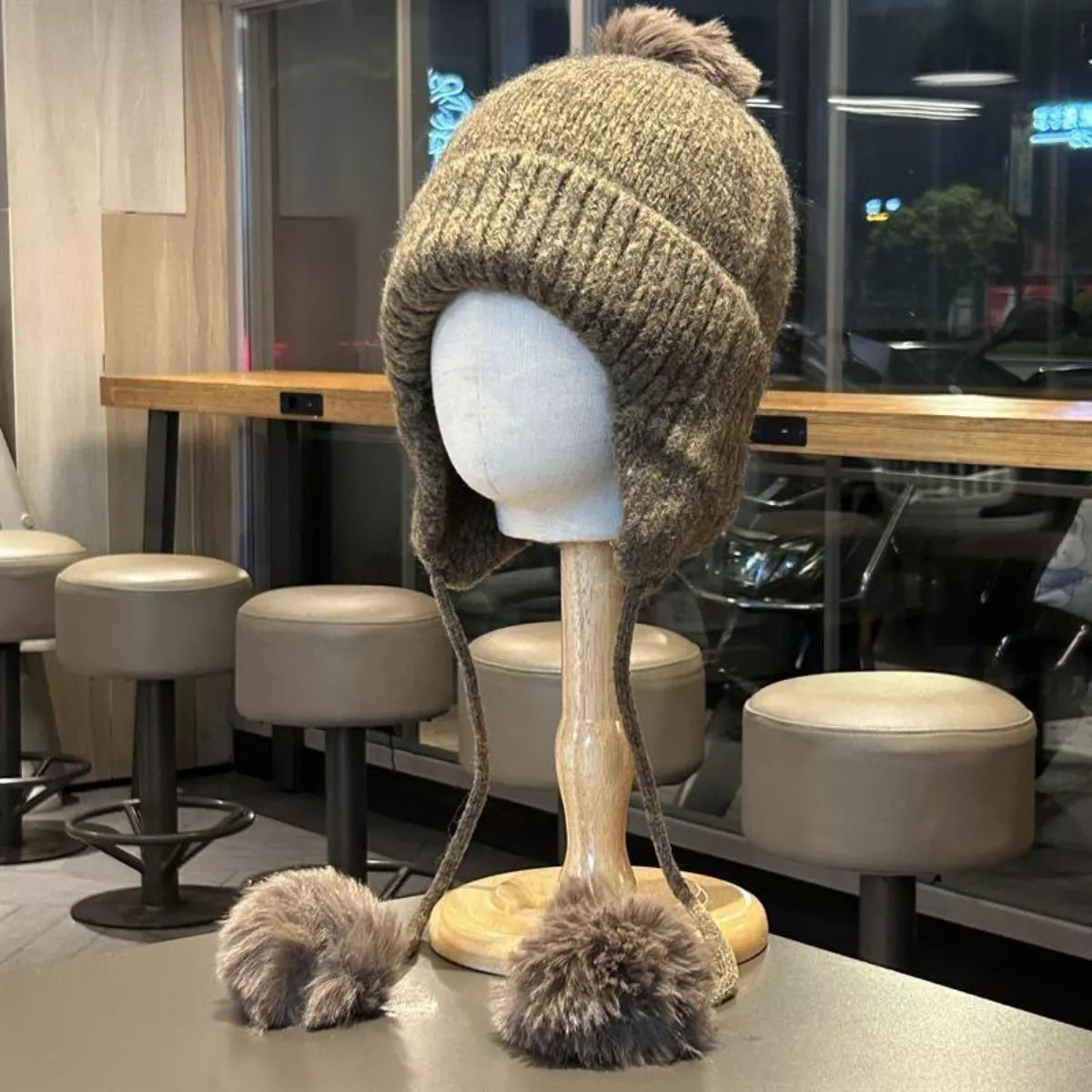 Warm Knitted Beanie Hat with Pom Pom Ear Flaps