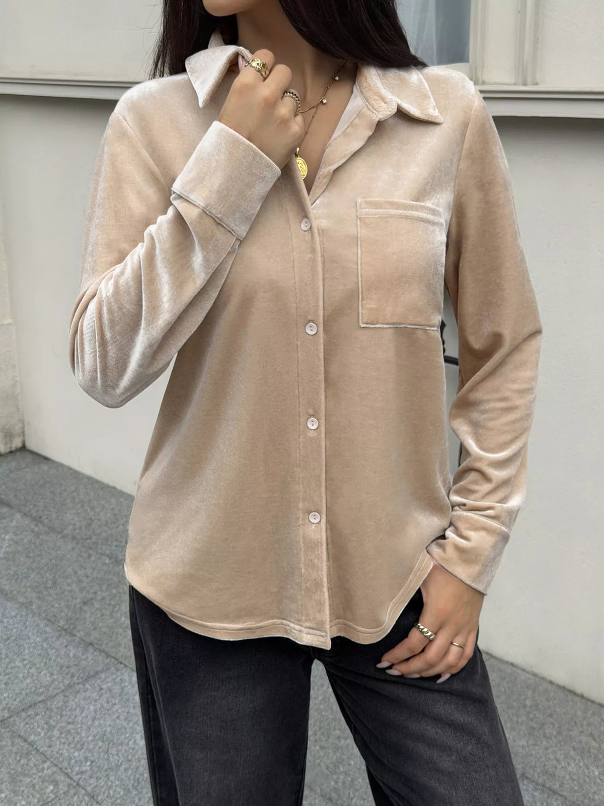 Velvet Button-Down Shirt with Chest Pocket