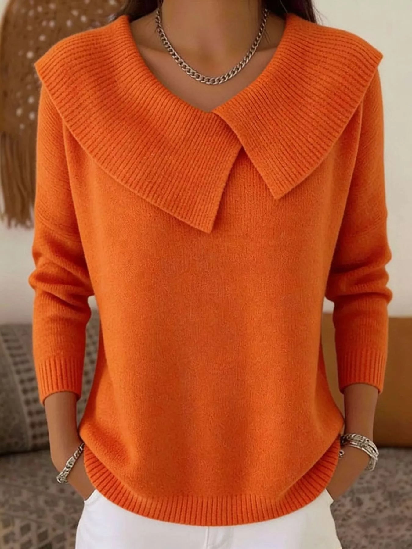 Full Size Solid Color Ribbed Hem Sweater Plus Size