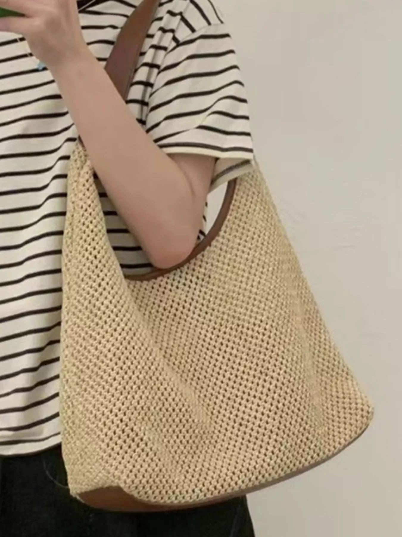Woven Straw Handbag with Leather Strap