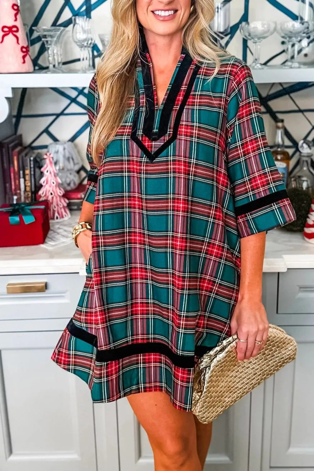 Plaid Velvet Trim Pockets Short Shift Dress