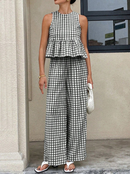 Gingham Sleeveless Top and Wide-Leg Pants Set
