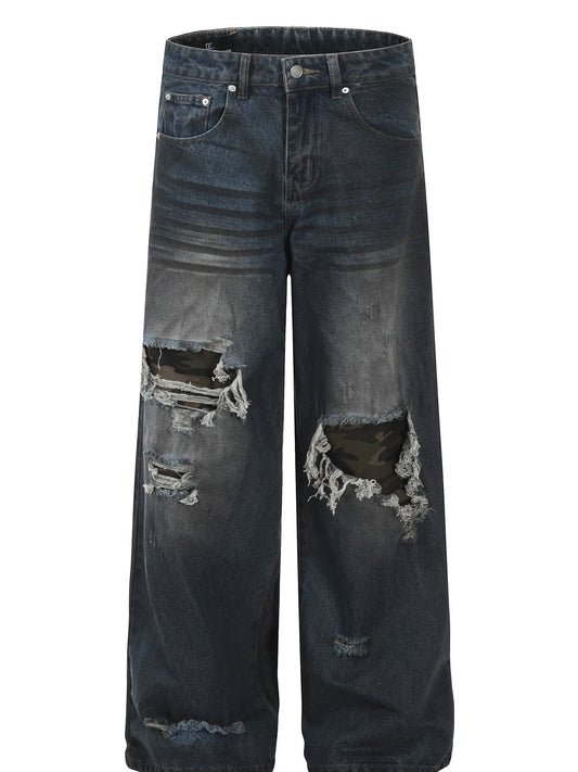 Men's Distressed Wide-Leg Wash Jeans