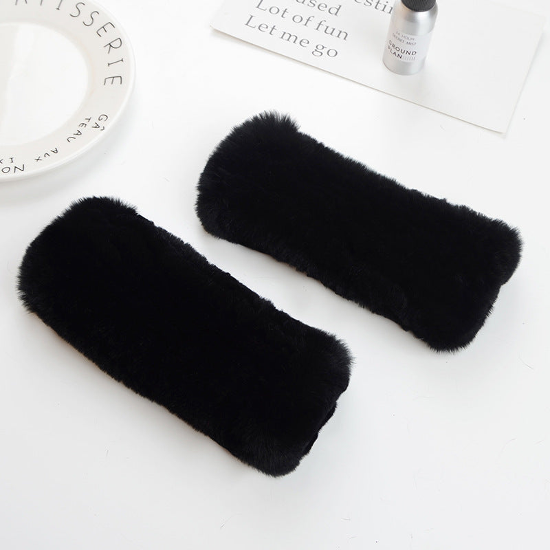 Winter Wristband Mid-Length Gloves - Rex Rabbit Fur Insulation With Striped Half-Finger Design