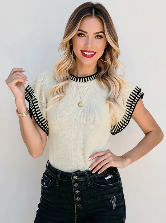 Contrast Trim Cap Sleeve Sweater