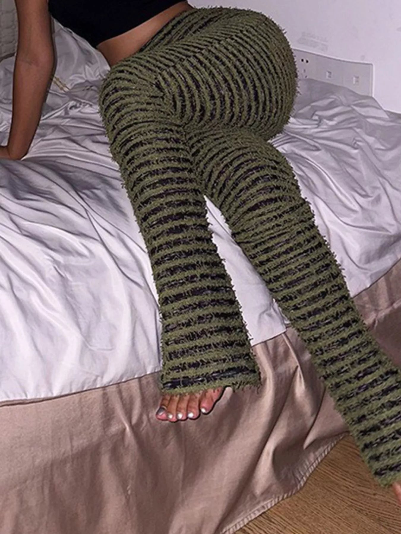 Striped Fuzzy Textured Knit Pants