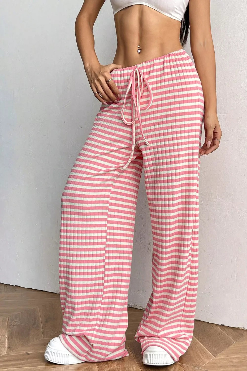 Ribbed Knit Drawstring Wide Leg Pants