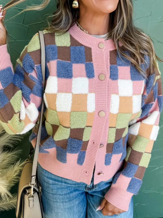 Checkered Pattern Button Front Cardigan