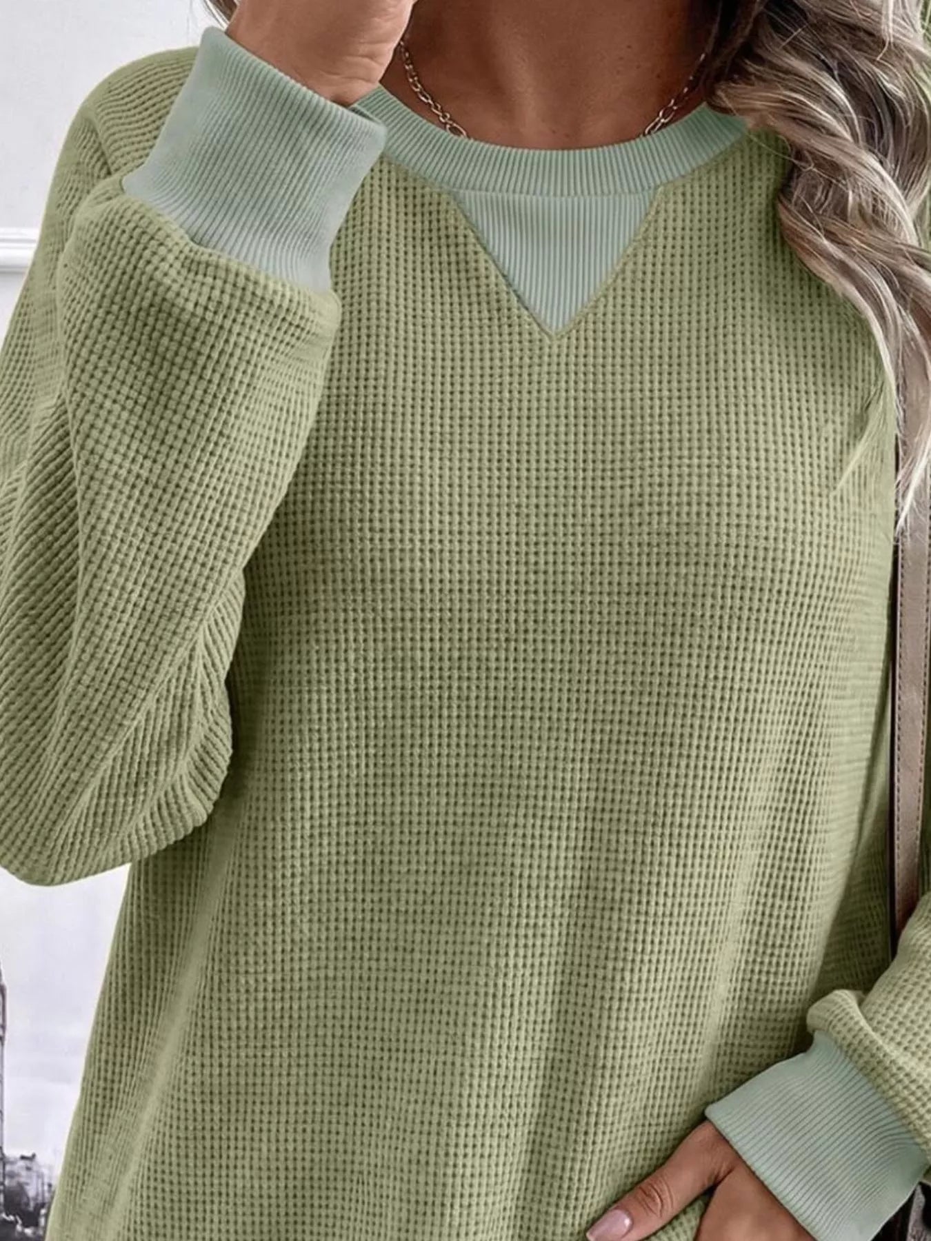 Waffle Knit Crew Neck Long Sleeve Sweatshirt