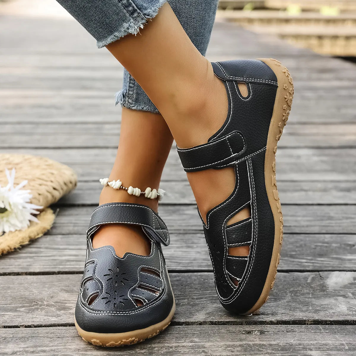 Cutout Velcro Straps Sandals
