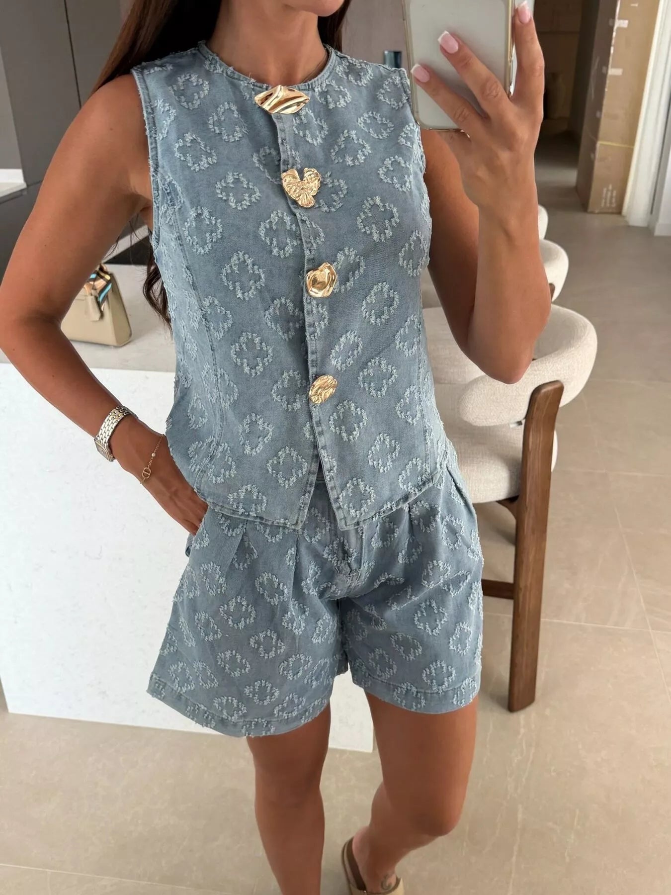 Embossed Vest and Shorts Denim Set with Gold-Tone Buttons