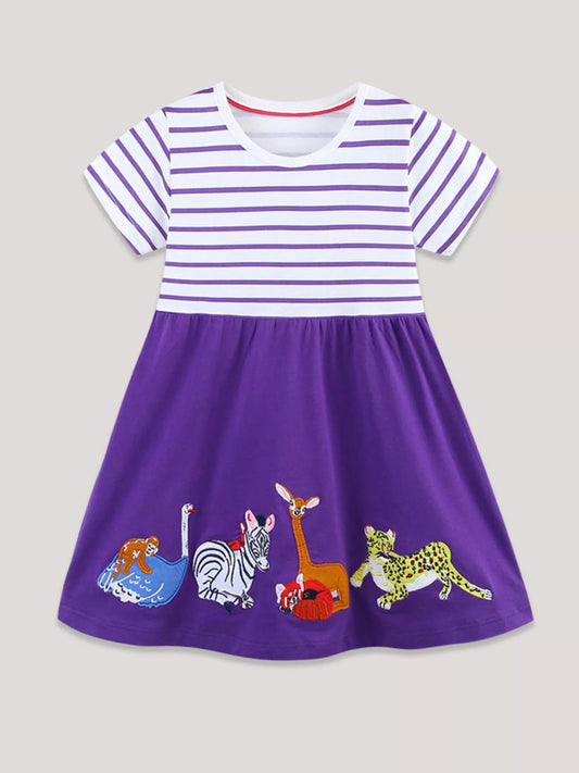 Children's Striped & Animal Embroidered Dress