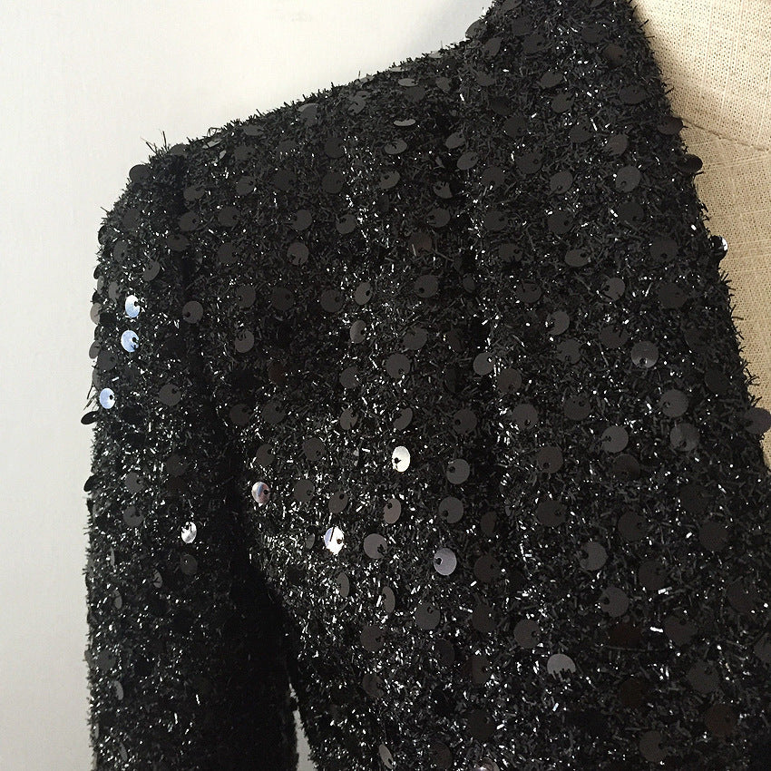 Medium length blazer with shiny silk beads