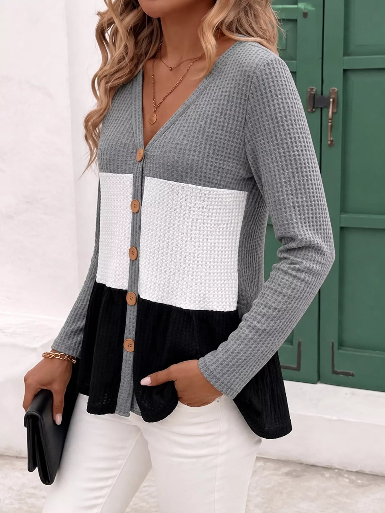 Color Block Waffle Knit Button-Down Cardigan