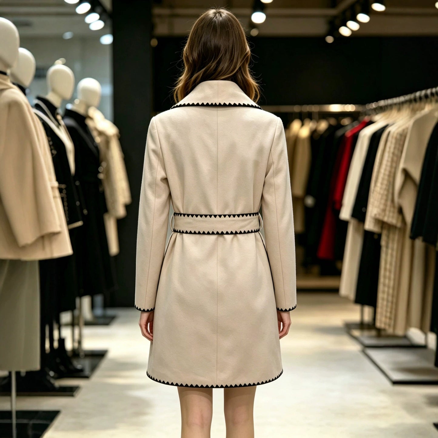 French Elegant Wool Coat | Notched Lapel Zigzag Trim & Belt | Apricot