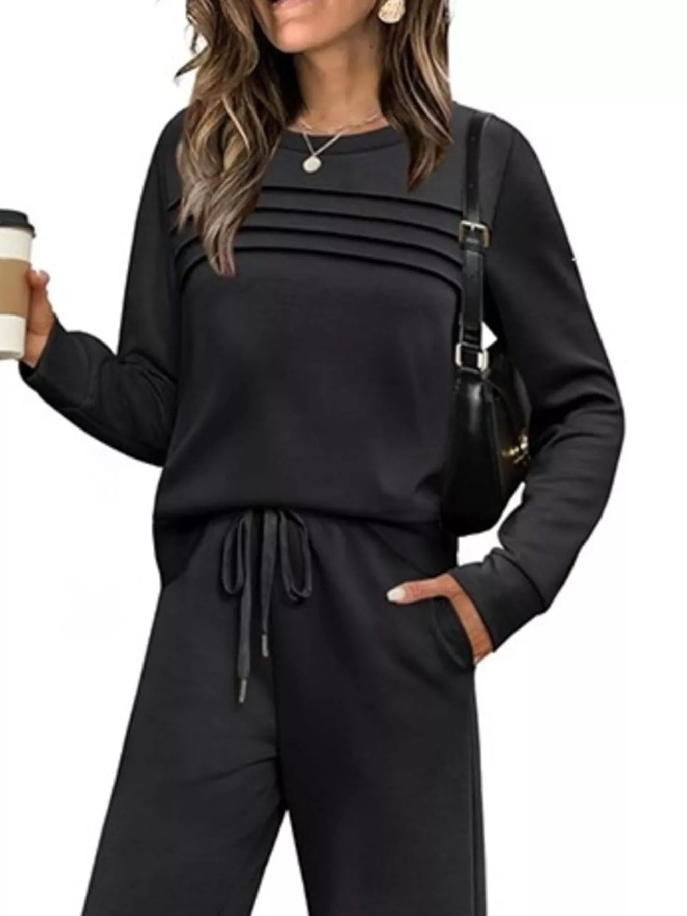 Full Size Casual Long Sleeve Crewneck Top and Drawstring Pants Set Plus Size