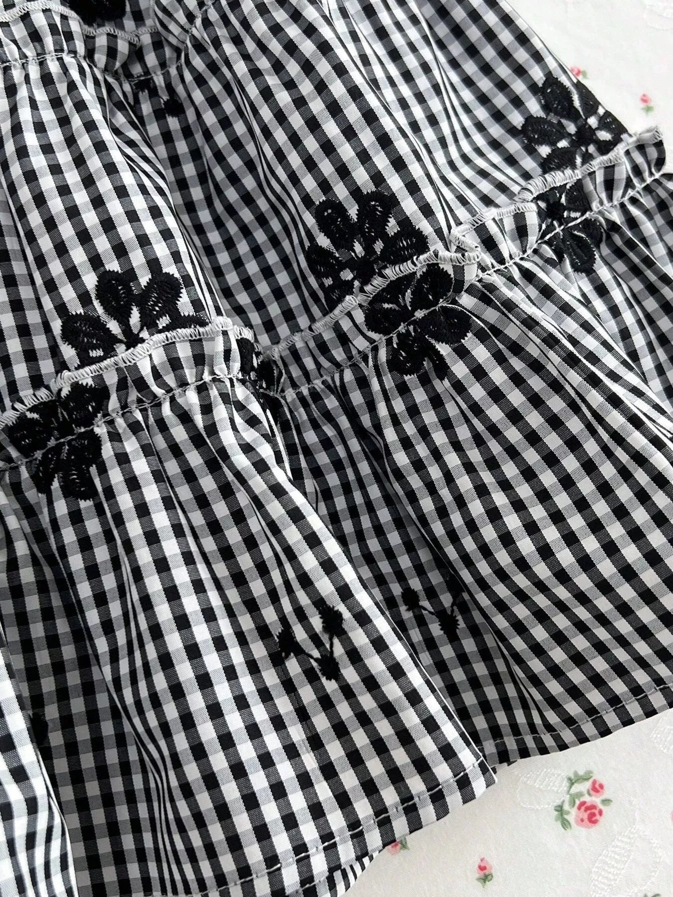 Gingham Floral Tiered Mini Dress