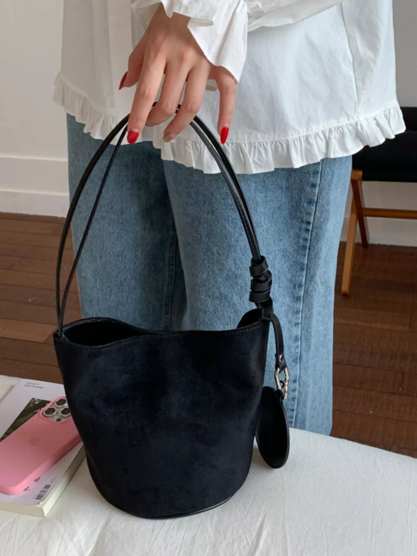 Suede Solid Color Bucket Bag