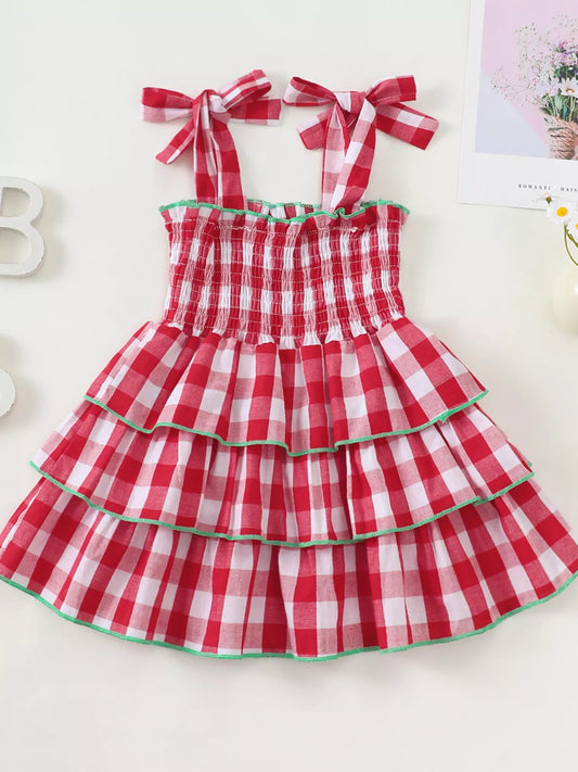 Children's Gingham Tiered Dress with Bow Tie Straps