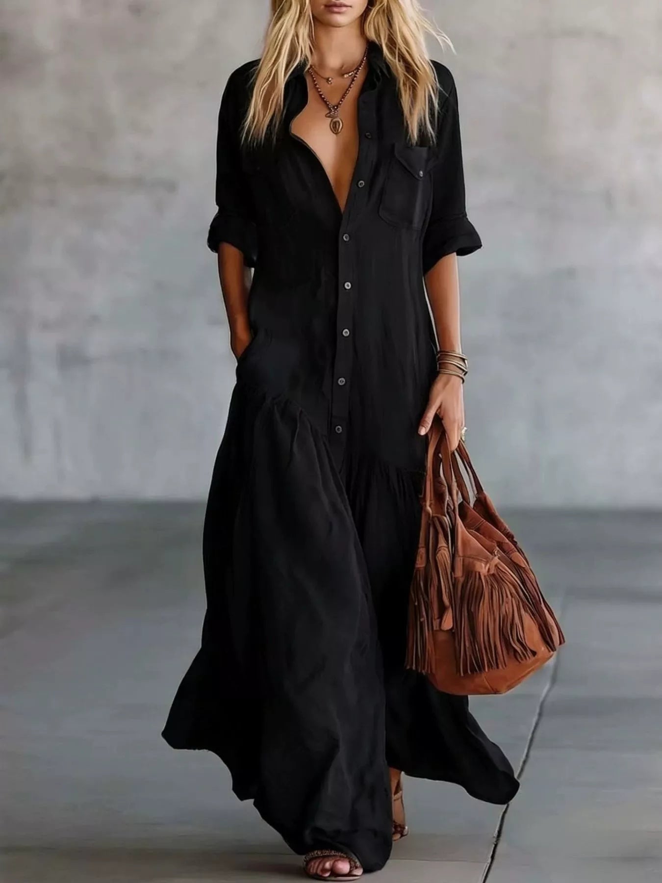 Full Size Button Front Roll-Up Sleeve Maxi Dress Plus Size