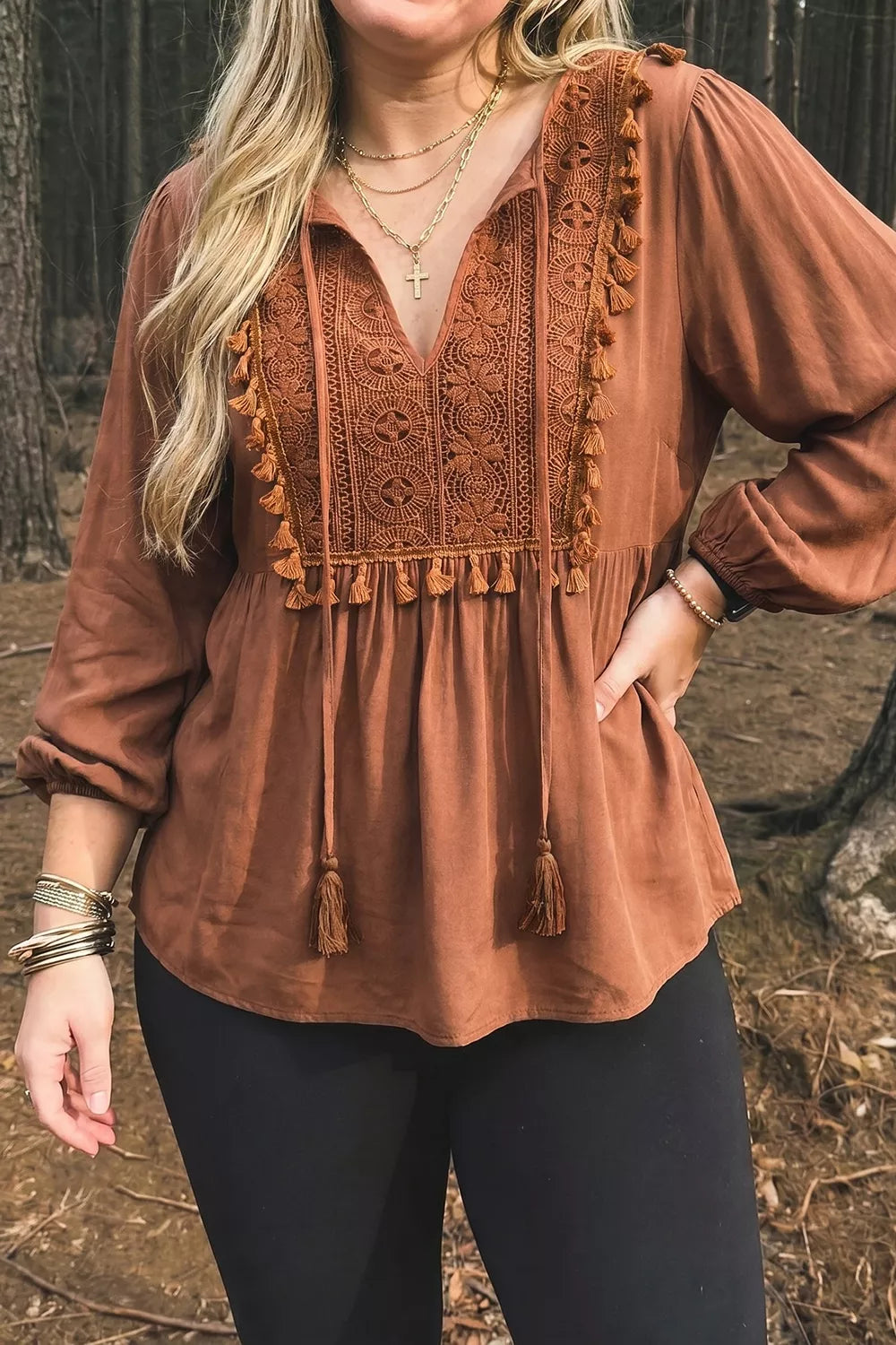 Plus Size V Neck Embroidered Tassel Long Sleeve Blouse