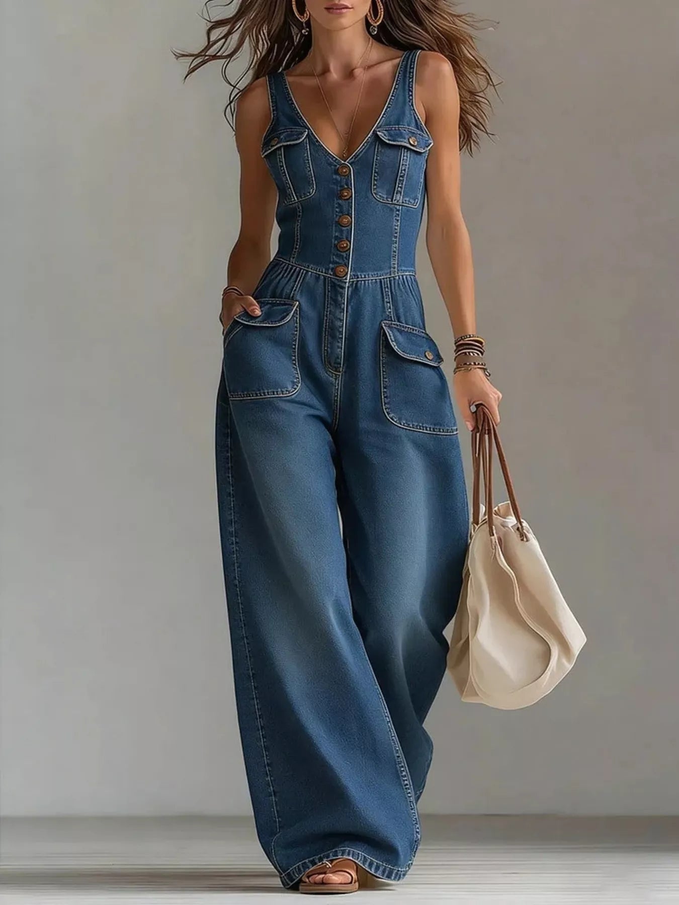 Full Size Button-Front Denim Wide-Leg Jumpsuit with Utility Pockets Plus Size