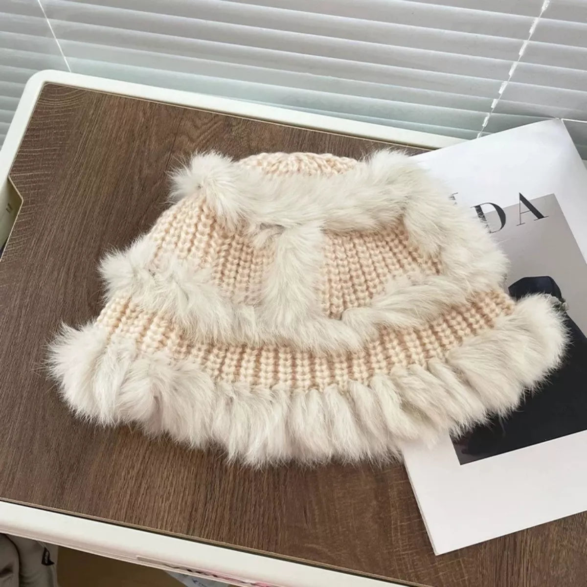Fluffy Faux Fur Trim Knit Bucket Hat