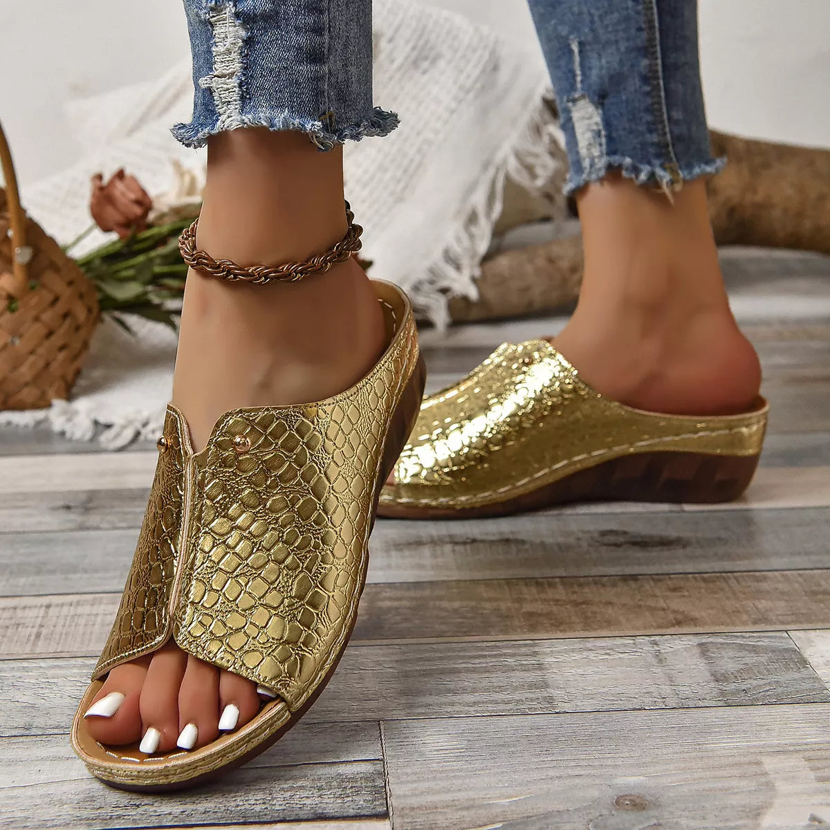 Crocodile-Embossed Wedge Sandals
