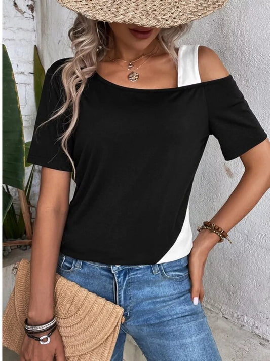 Asymmetrical Cold Shoulder Color Block T-Shirt