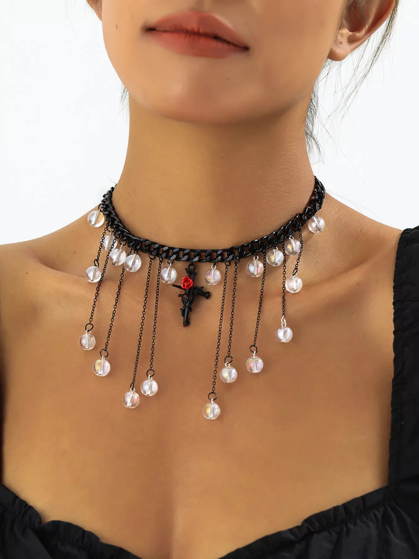 Gothic Rose Cross Dangle Necklace