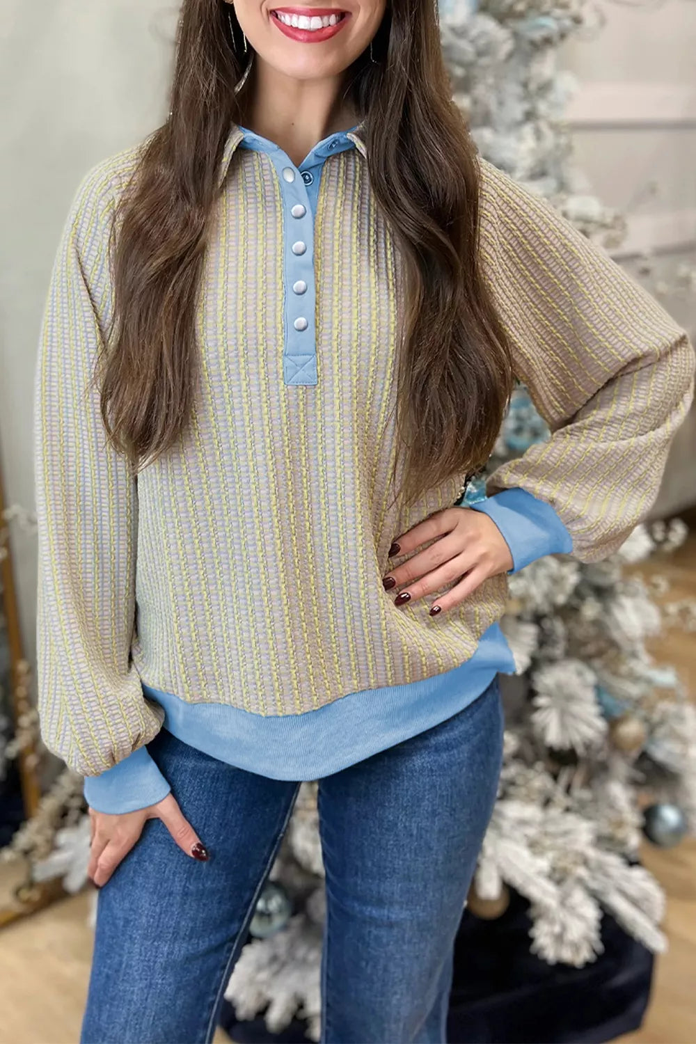 Button Front Jacquard Henley Sweatshirt