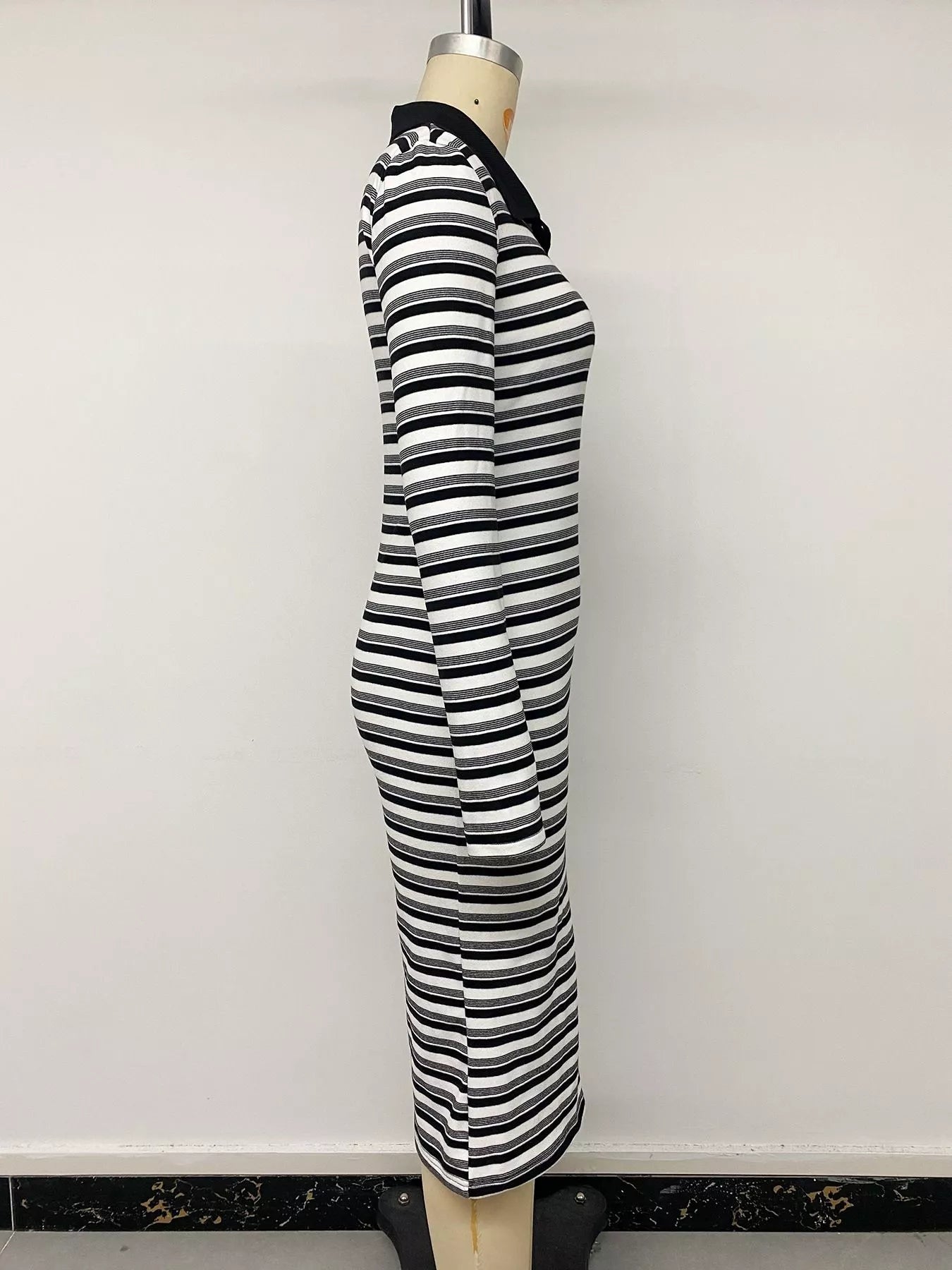 Striped Polo Collar Midi Dress