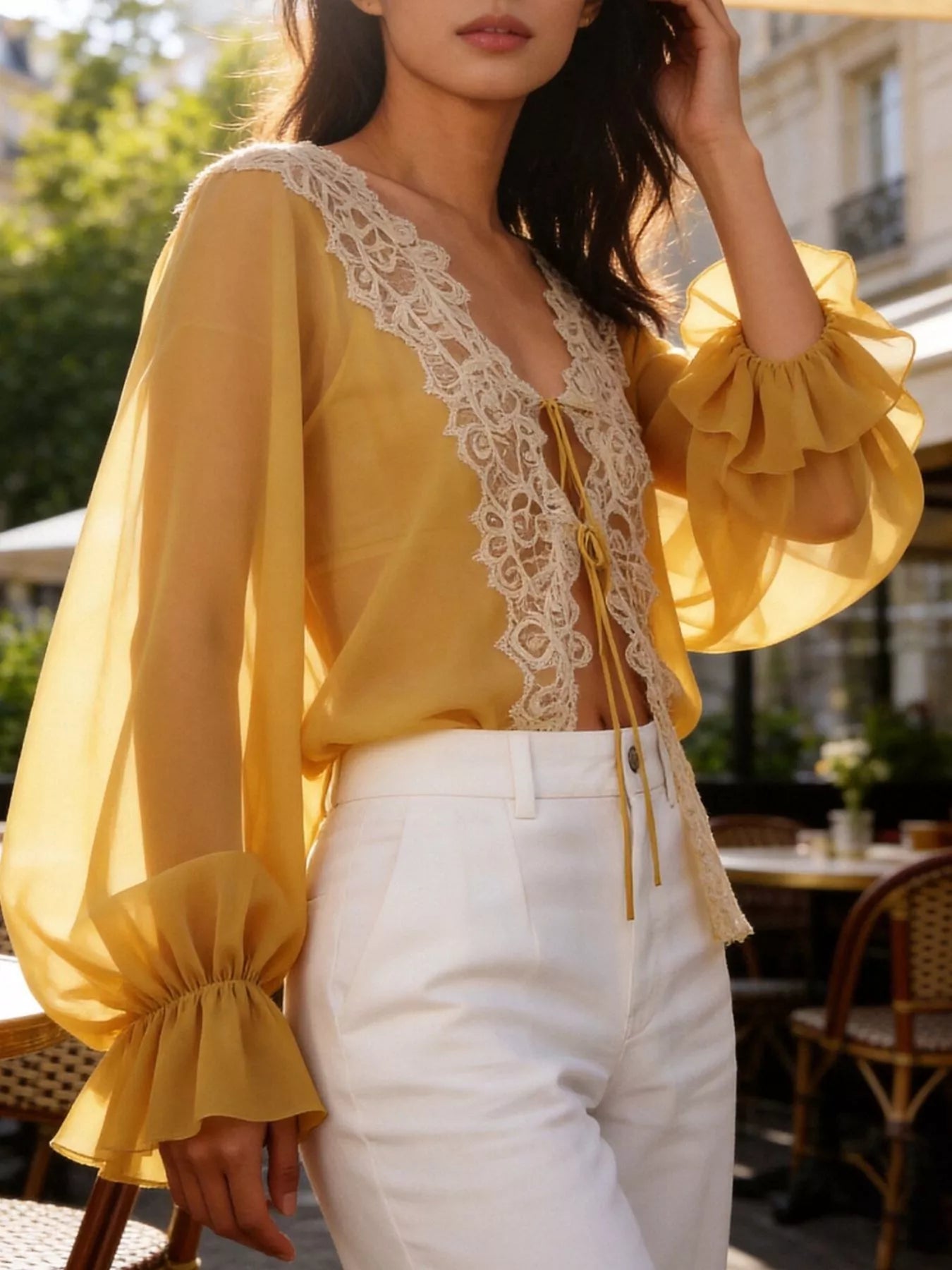 Sheer Lace-Trimmed Front Tie Blouse