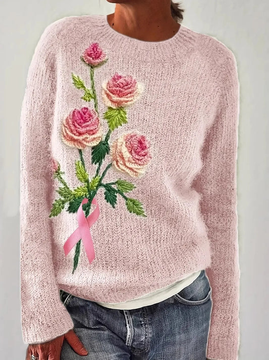 Flower Round Neck Long Sleeve Sweater