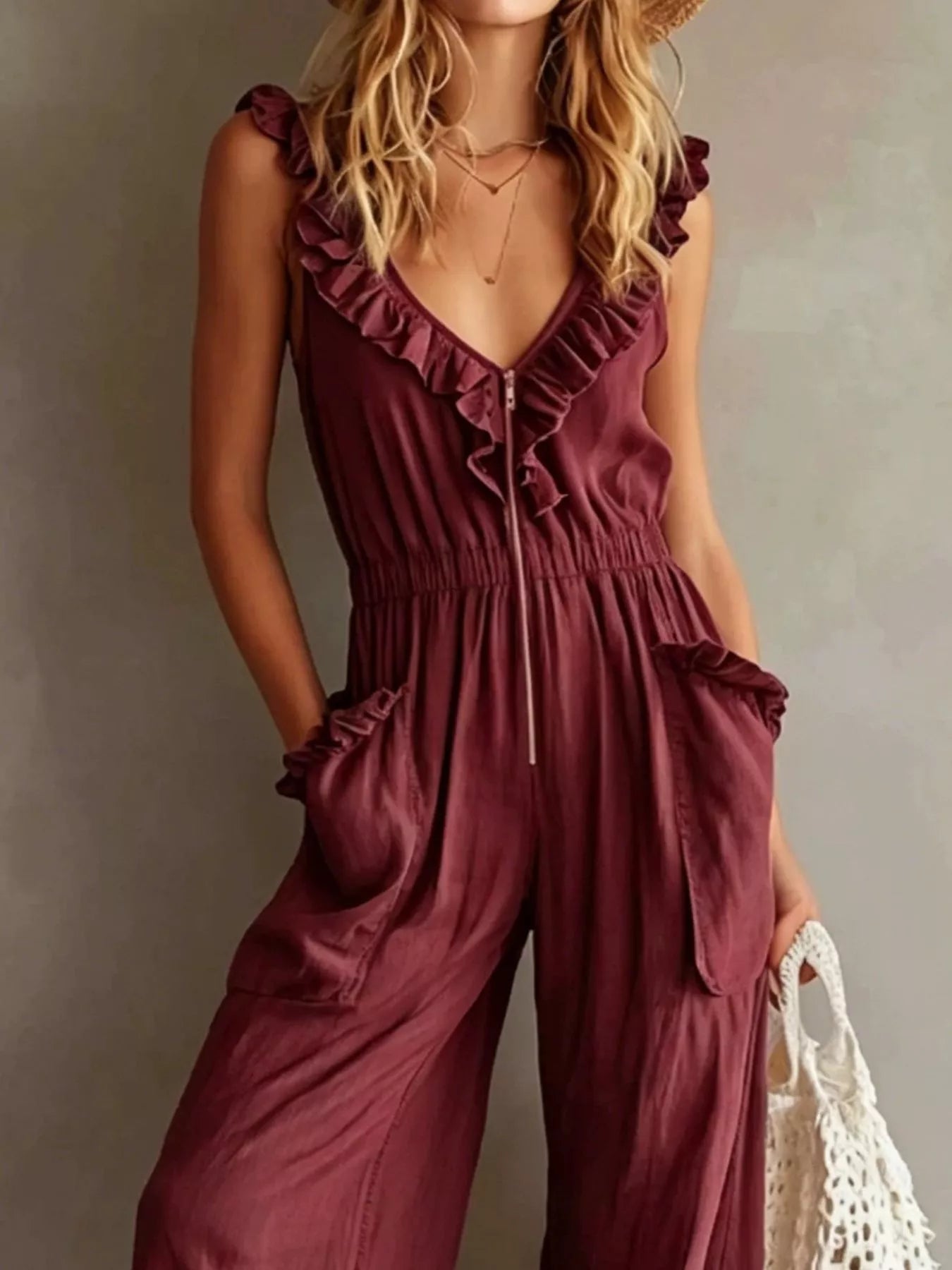 Ruffled V-Neck Wide Leg Jumpsuit