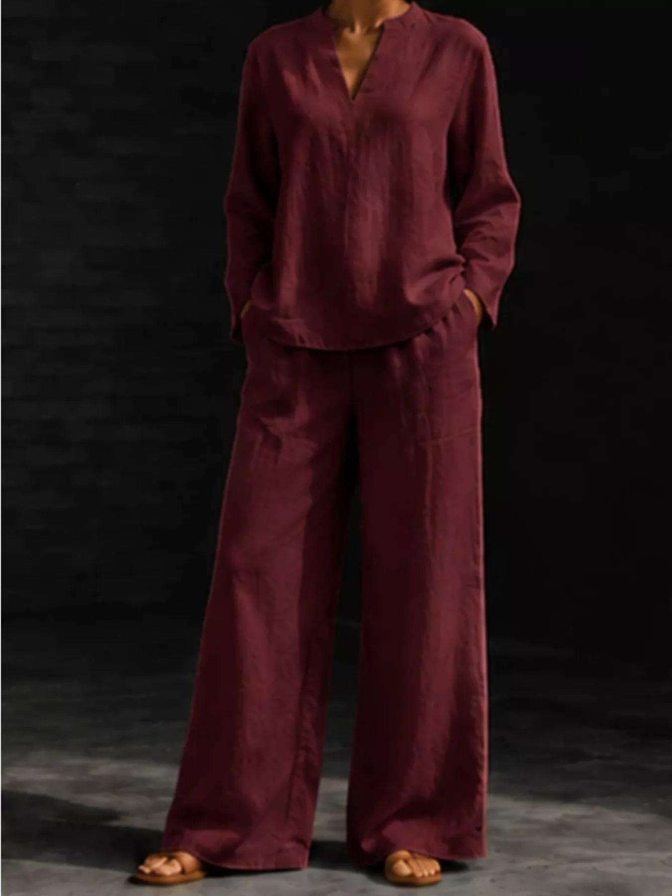 Notched Long Sleeve Top and Pants Set