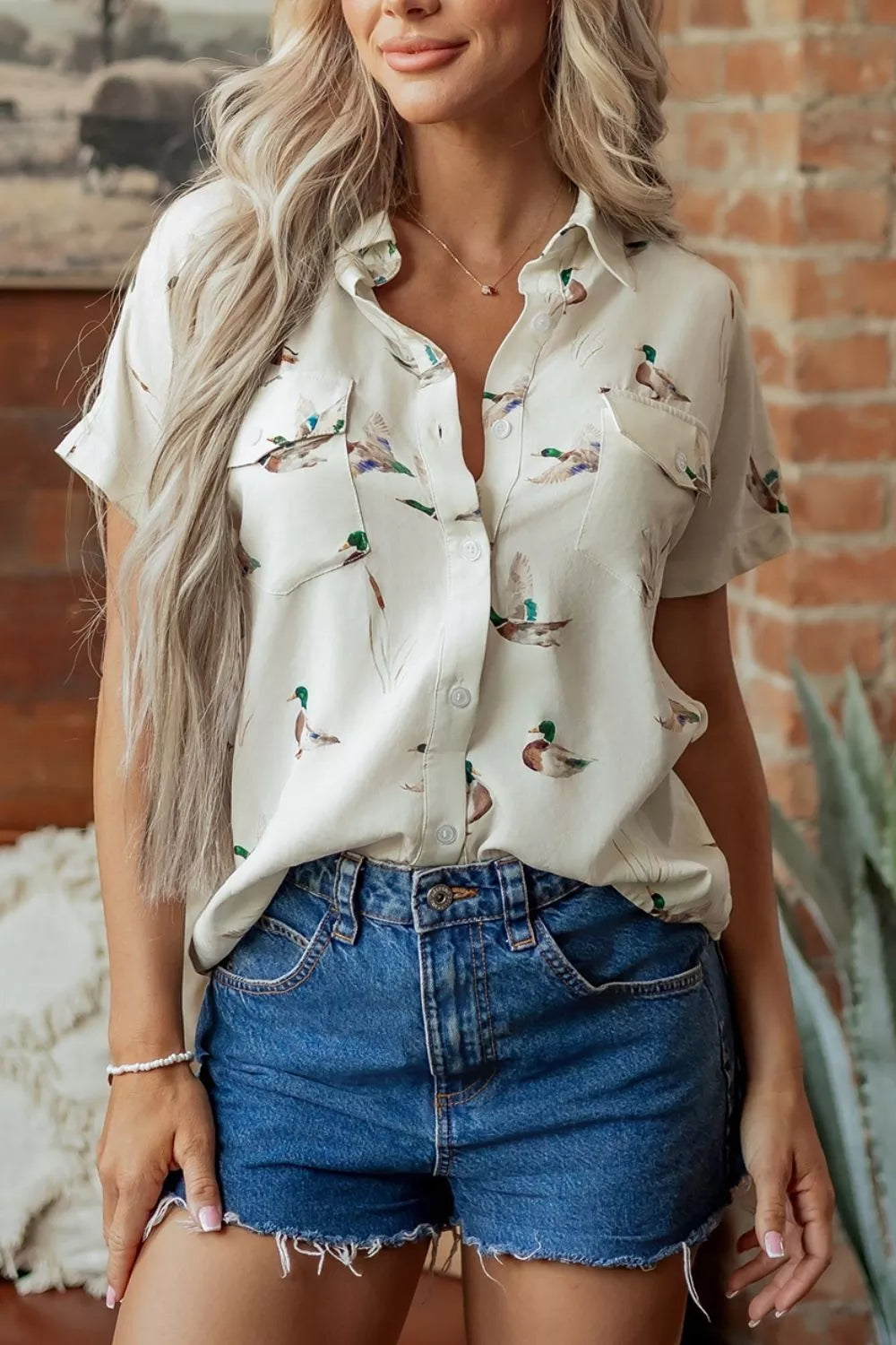 Mallard Printed Button Flap Pocket Short Sleeve Shirt