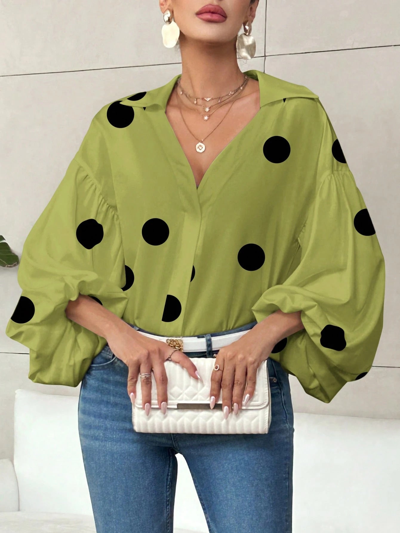 Polka Dot Loose Bubble Sleeve Top – Half-Open Neck Long Sleeve