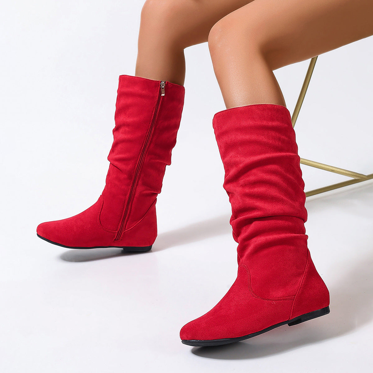 Women's Mid-Calf Leather Boots – Flat Heel Side Zip