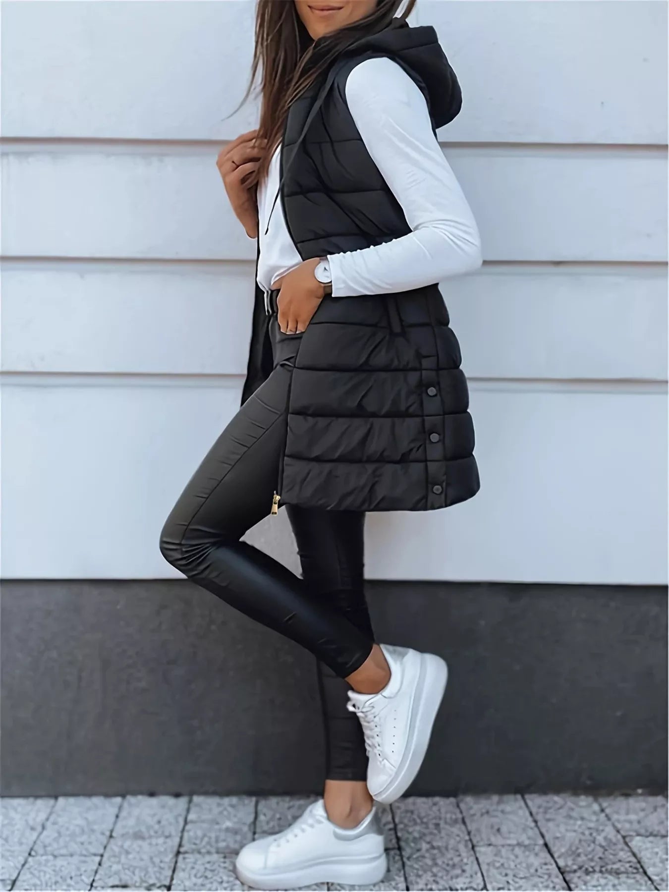 Zip Up Longline Hooded Puffer Vest Coat