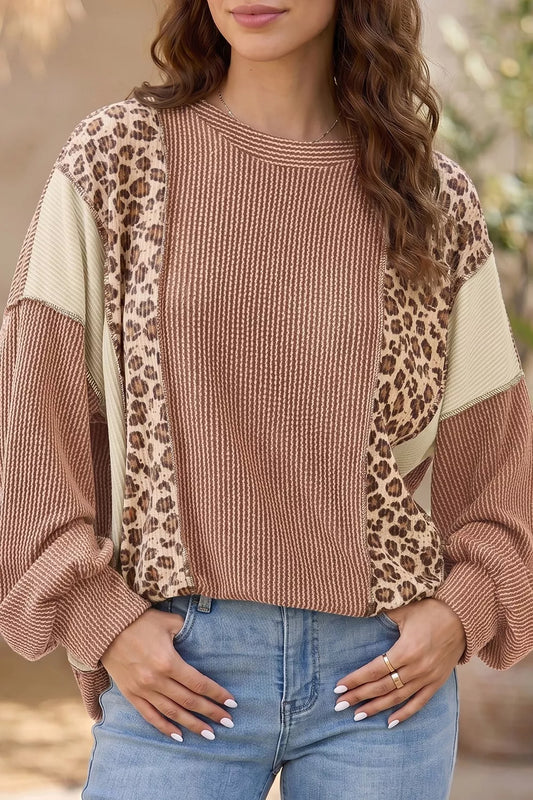 Leopard Print Colorblock Ribbed Knit Blouse
