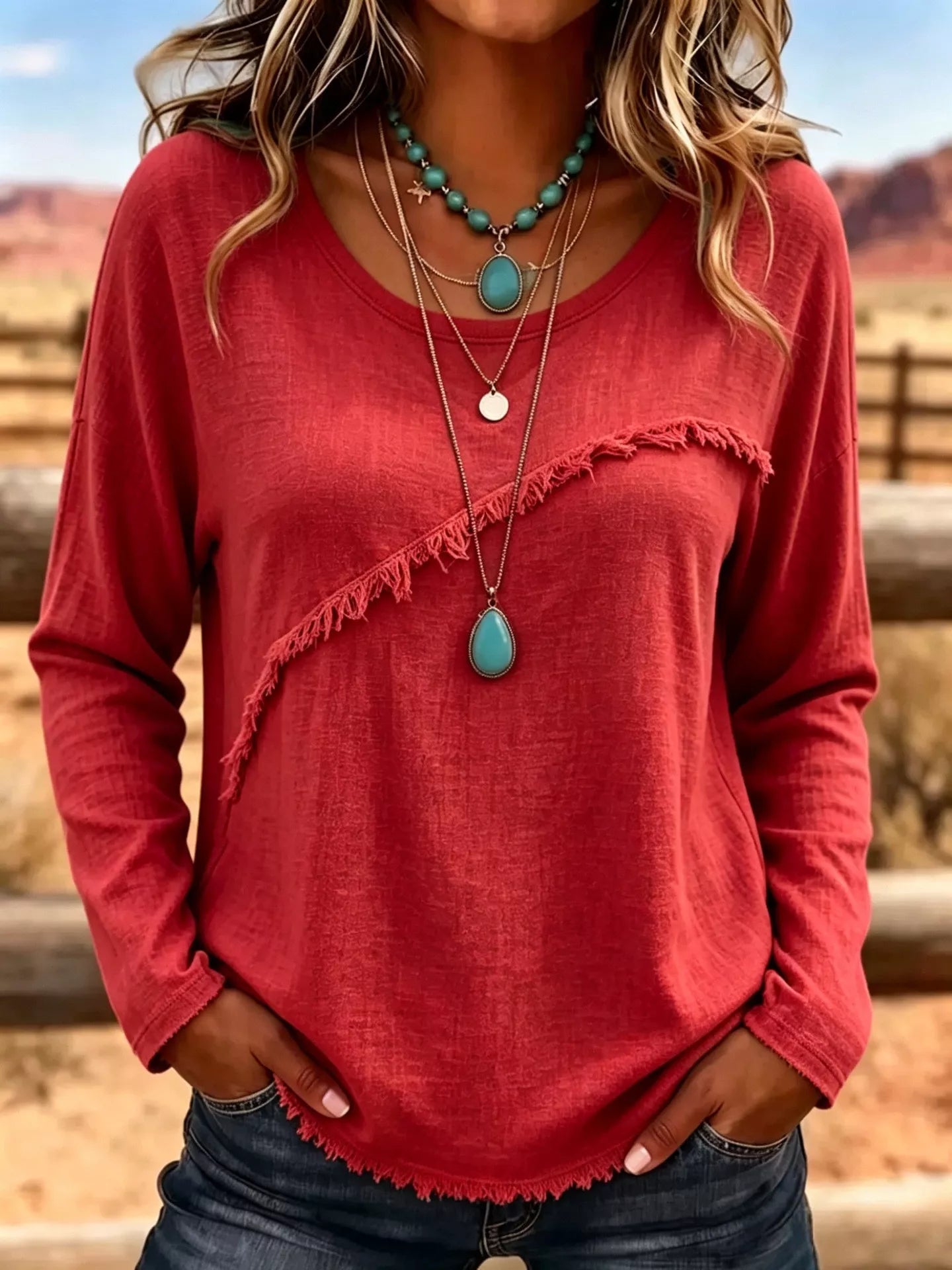 Full Size Fringe Detail Long Sleeve T-Shirt Plus Size
