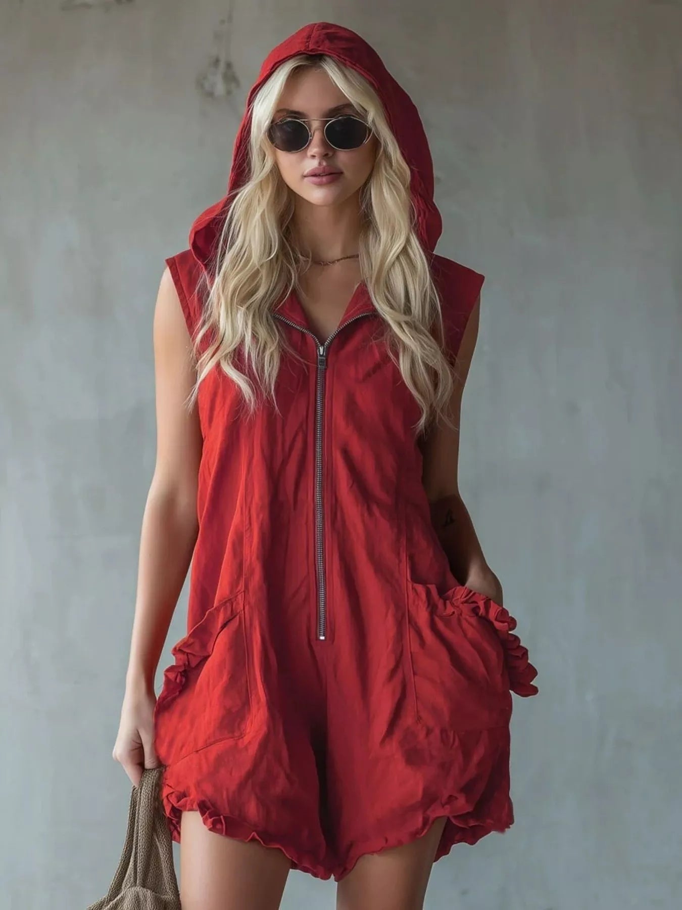 Full Size Hooded Sleeveless Zipper Romper with Ruffled Pockets Plus Size